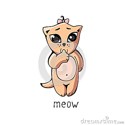A sweet little sucking a finger with the inscription `meow`. Vector Illustration