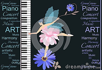 Sweet little winged fairy - ballerina in pink tutu playing on a large concert grand piano. Lovely blue chamomile and abstract text Vector Illustration