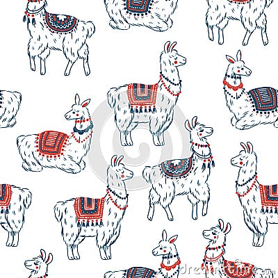 Sweet llamas seamless pattern. Alpaca kid illustration. Summer style graphic. Vector illustration Vector Illustration