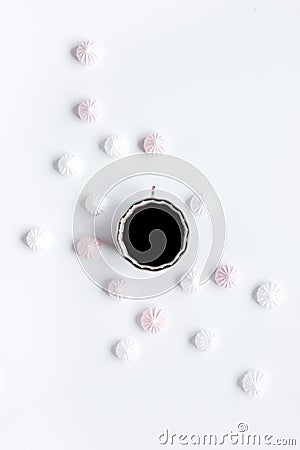 Sweet marsh-mallow and coffee on woman white desk background top view Stock Photo