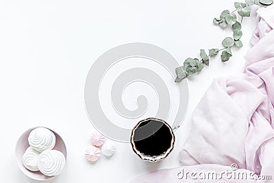 sweet marsh-mallow and flowers on woman white desk background top view mockup Stock Photo