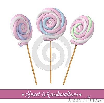 Sweet marshmallow on a stick. Different colors. Cartoon Illustration