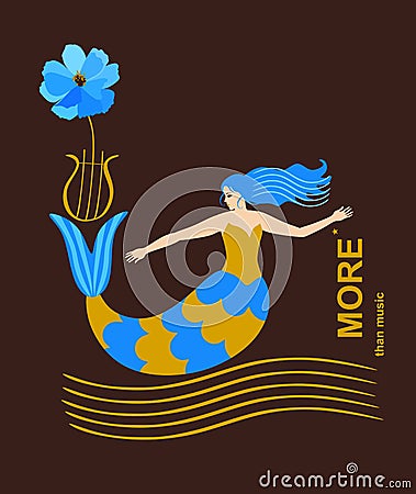 A sweet mermaid with blue hair and golden and blue scales swings on the waves in the form of musical rulers. Vector Illustration