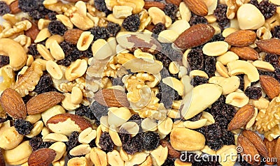 Mixed nuts and pass dried grape. Stock Photo