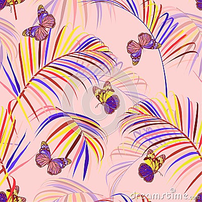 Sweet mood and color tropical and palm leaves with butterflies flying seamless pattern vector design for fashion, fabric and all Stock Photo