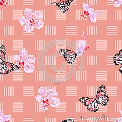 Sweet mood of Seamless pattern Beautiful Vector of butterflies and orchid flowers on geometric line design for fashion, fabric , Stock Photo