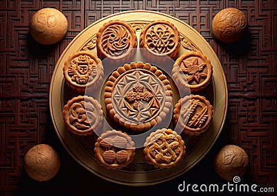 Sweet mooncakes pastry on round wooden board.Macro.AI Generative Stock Photo