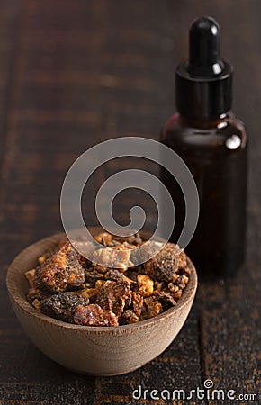Sweet Myrrh Opoponax Essential Oil on a White Background Stock Photo
