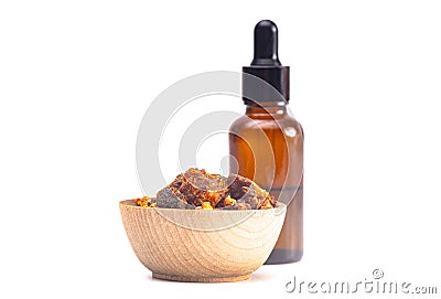 Sweet Myrrh Opoponax Essential Oil on a White Background Stock Photo