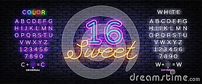 Sweet 16 neon sign vector design template. Happy Birthday neon banner, design element colorful modern design trend Vector Illustration