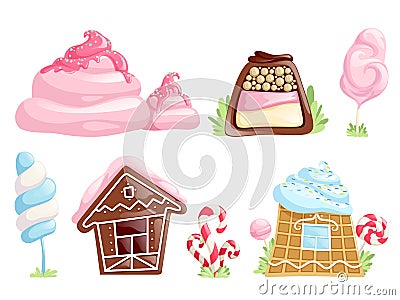 Sweet objects. Caramel chocolate candies fantasy elements for games cartoon desserts vector collection Vector Illustration