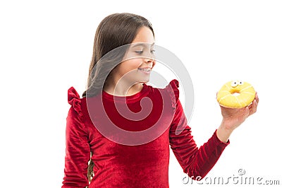 Sweet obsession. Happy childhood and sweet treats. Breaking diet concept. Girl hold sweet donut white background. Child Stock Photo