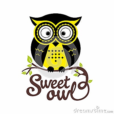 A sweet owl sitting on a tree branch. Vector Illustration