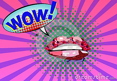 Sweet Pair of Glossy Vector Lips. Open wet red lips with teeth retrÃ² art style poster, Expression text WOW. Vector i Vector Illustration