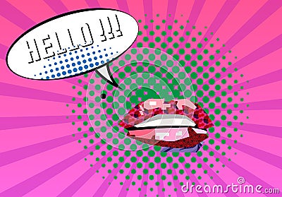 Sweet Pair of Glossy Vector Lips. Open wet red lips with teeth Warhol style poster, Expression text HELLO. Vector Vector Illustration