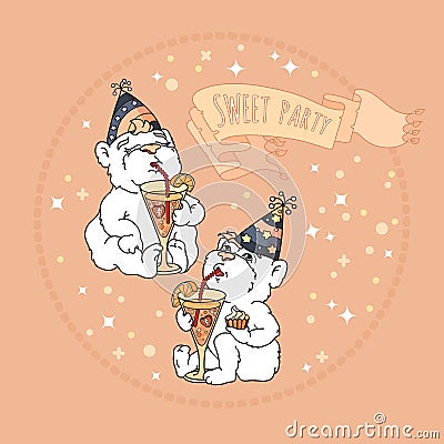 Sweet party card with two cute bears. Vector Illustration