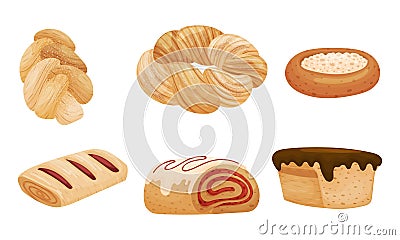 Sweet Pastry and Flour Products Like Cream-filled Bun and Muffin with Chocolate Topping Vector Set Vector Illustration