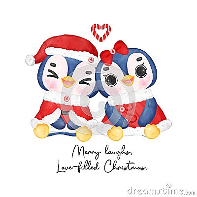 Sweet Penguin Couple in Santa Dress. Cute Cartoon Watercolor Illustration Cartoon Illustration