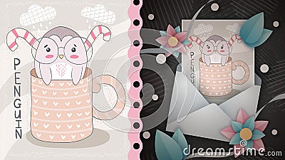 Sweet penguin - idea for greeting card. Vector Illustration