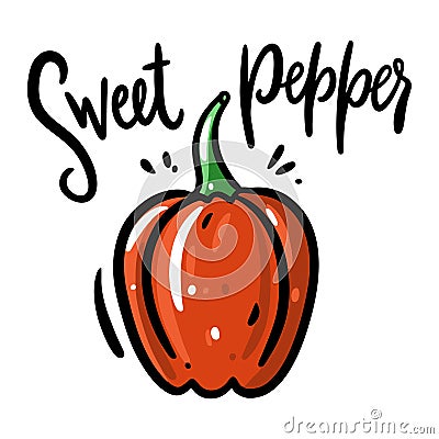 Sweet Pepper hand drawn vector illustration and lettering. Isolated on white background. Vector Illustration