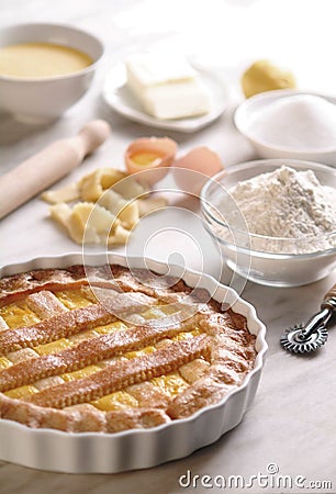 Sweet Pie/Tart on Plate element on table Stock Photo