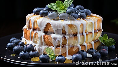 Sweet pie, whipped cream, raspberry slice, chocolate, homemade celebration generated by AI Stock Photo