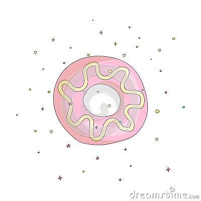 Sweet pink donut cartoon icon with colorful decoration. Vector icon cartooning tasty donut with hole. Sweet pink round Vector Illustration