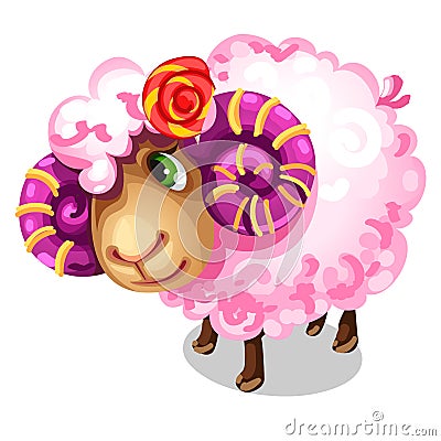 Sweet pink sheep with large spiral horns. Vector Vector Illustration