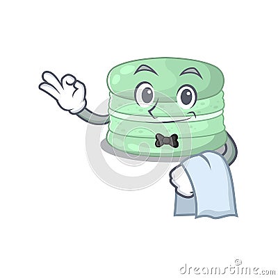 Sweet pistachio macaron Character working as a Waiter Vector Illustration