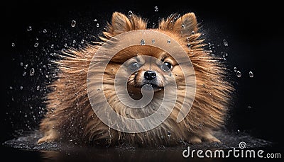 A Sweet Pomeranian Dog Sitting in the Rain, Shaking Off the Raindrops Stock Photo