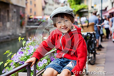 Sweet portrait of preschool boy in the town of Annecy, France, s Stock Photo