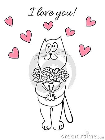 Sweet postcard: cat with bouquet of flowers. Inscription: I love you! Vector Illustration