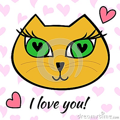 Sweet postcard with cat. Inscription: I love you! Vector Illustration