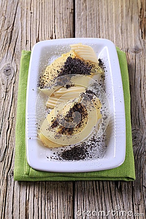 Sweet potato dumplings with poppyseed Stock Photo