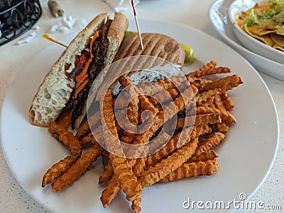 Sweet potato fries eggplant sandwich lunch Stock Photo