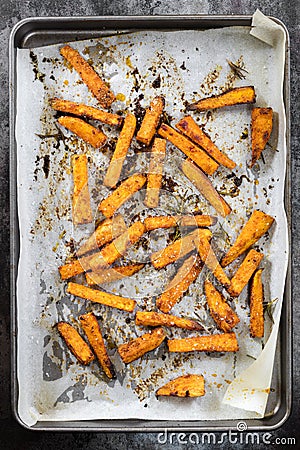 Sweet Potato Fries on Oven Tray Top View Stock Photo