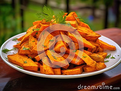 Sweet Potato Fries Pile, Fry Batata Cuts, Cooked Ipomoea Batatas Orange Root Pieces, Sweet Potatoes Stock Photo