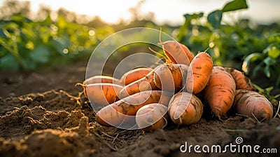 Sweet potato harvest in the garden. Generative AI, Stock Photo