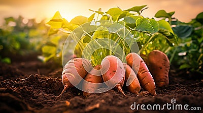 Sweet potato harvest in the garden. Generative AI, Stock Photo