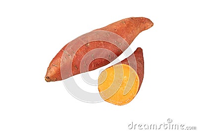 Sweet potato or sweetpotato whole and half tubes isolated on white. Transparent png additional format Stock Photo