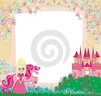 Sweet princess and her horse - beautiful decorative frame Vector Illustration