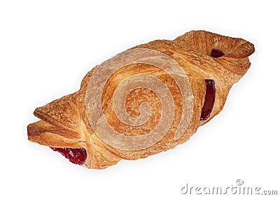 Sweet puff pastry bun with cherry jam, isolated on white background, close-up, top view Stock Photo