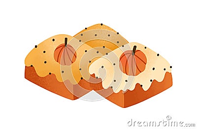 Sweet pumpkin cakes, pies flat vector illustration. Delicious pastry, baking isolated on white background. Bakery Vector Illustration