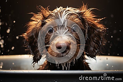 Sweet puppy bathes, wet fur and happiness in a cleansing moment Stock Photo