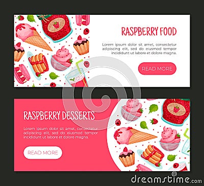 Sweet Raspberry Food Banner Design with Pink Sugary Dessert Vector Template Vector Illustration