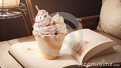 Sweet Reads A Whimsical Ice Cream Cone Bookmark for National Ice Cream Cone Day.AI Generated Stock Photo