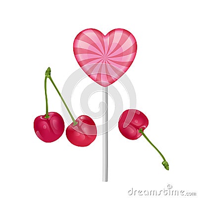 The sweet realistic lollipop in pink color. Sweet lollipop heart-shaped cherry flavored. Vector illustration Vector Illustration