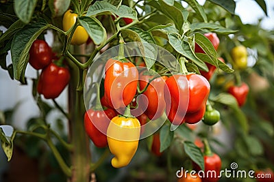 Sweet red pepper growing in greenhouse at the farm or garden Stock Photo