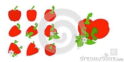 Sweet red peppers on a white background set. Very simple flat style. Various peppers in assortment with leaves, buds and flowers. Stock Photo