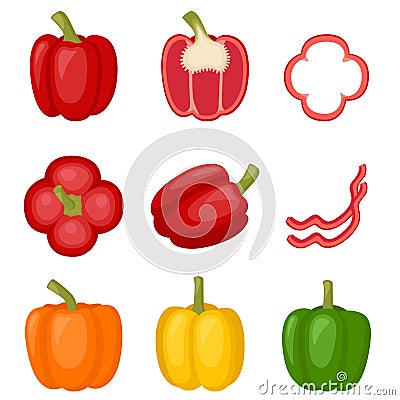 Sweet red, yellow, orange peppers, bell pepper. Slice of pepper, cut half full paprika, vector illustration Vector Illustration